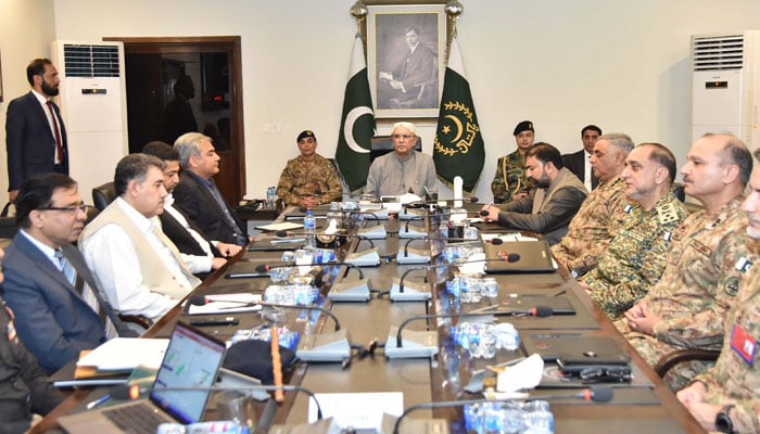 President Asif Ali Zardari chairing a meeting on security and law and order situation in Balochistan, in Gwadar on June 20, 2024. — PID