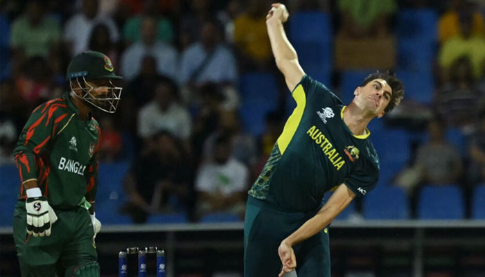Australias Pat Cummins bowling against Bangladesh on June 21, 2024. — AFP