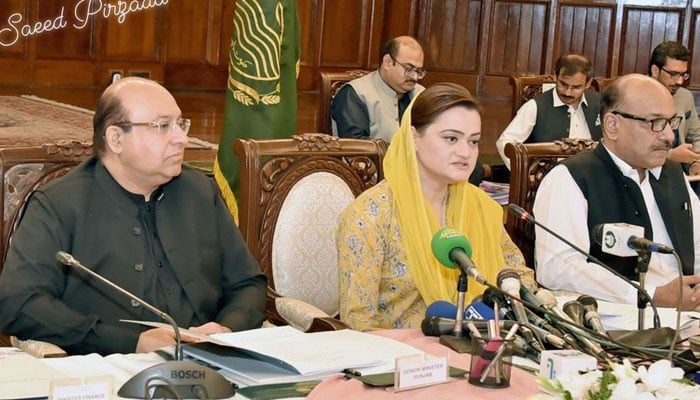 Finance Minister Mian Mujtaba Shuja ur Rehman addresses a post-budget conference along with Marriyum Aurangzeb in Lahore on June 14, 2024. — Facebook/Mujtaba Shuja Ur Rahman