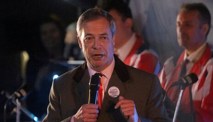 Brexit Party leader Nigel Farage speaks as people celebrate in Parliament Square on Brexit day in London, Britain January 31, 2020. — Reuters