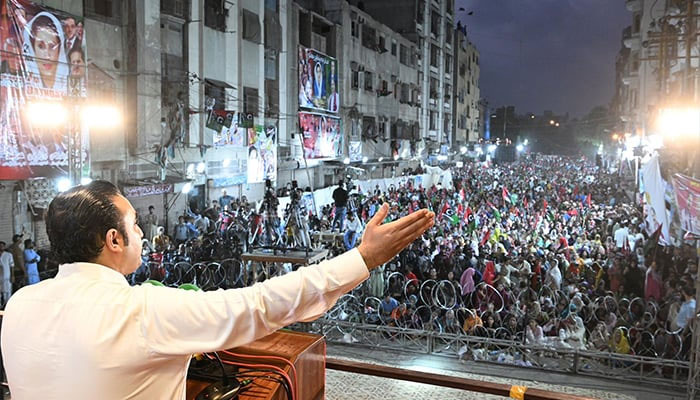 PPP Chairman Bilawal Bhutto-Zardari addresses the public gathering on occasion of Benazir Bhutto’s 71st birthday in Lyari Town, Karachi, on June 21, 2024. — X/@MediaCellPPP