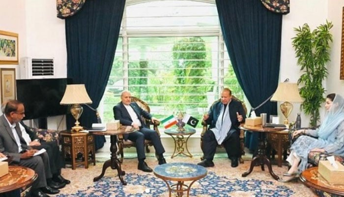 Ambassador of Islamic Republic of Iran Dr. Raza Amiri Mughdam (center left) met with President PML-N Muhammad Nawaz Sharif (center right) and CM Punjab Maryam Nawaz Sharif (right).— Instagram@Pmln_org