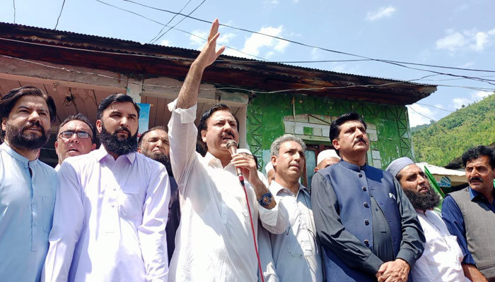 Former provincial minister Shaukat Yousafzai addresses protesters during stage a protest demonstration in Shangla district demanding the release of former prime minister Imran Khan on June 22, 2024. — Facebook/Shaukat Yousafzai