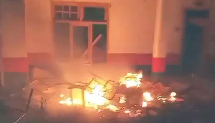 A representational image showing furniture set on fire by a mob at Madyan police station, in Swat, Khyber Pakhtunkhwa on June 20, 2024. — Geo News
