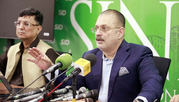 Sindh Minister for Information, Transport and Mass Transit, Excise Taxation and Narcotics Control, Sharjeel Inam Memon addresses media persons during a press conference, in Karachi on June 23, 2024. — PPI