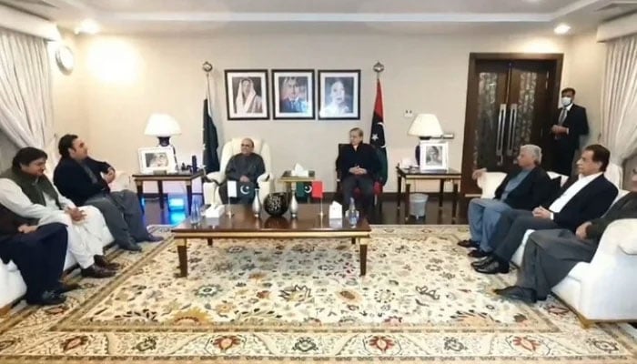 Political leaders from the Pakistan Peoples Party and Pakistan Muslim League-Nawaz meet in Lahore on February 11, 2024. —PPP/File