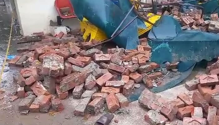 The destruction caused by a wall collapse at Government Mozang Teaching Hospital in Lahore, on July 6, 2023, in this still taken from a video. — Geo News/File