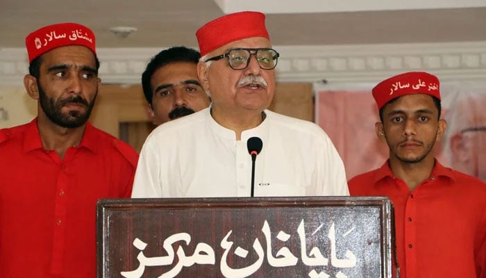 Awami National Party (ANP) provincial President Mian Iftikhar Hussain addresses an event at Bacha Khan Markaz on June 10, 2024. — Facebook/Awami National Party