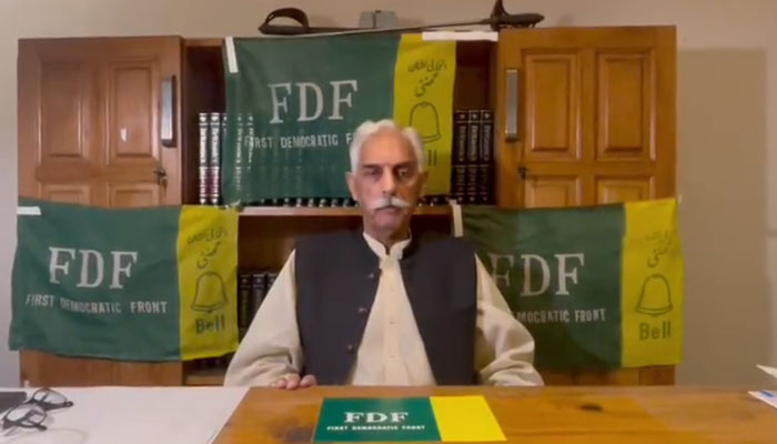 Chairman of the First Democratic Front (FDF), Col (retd) Raja Javed Mujtaba speaks during his video interview on May 3, 2023. — Screengrab via X/@coljavedmujtaba