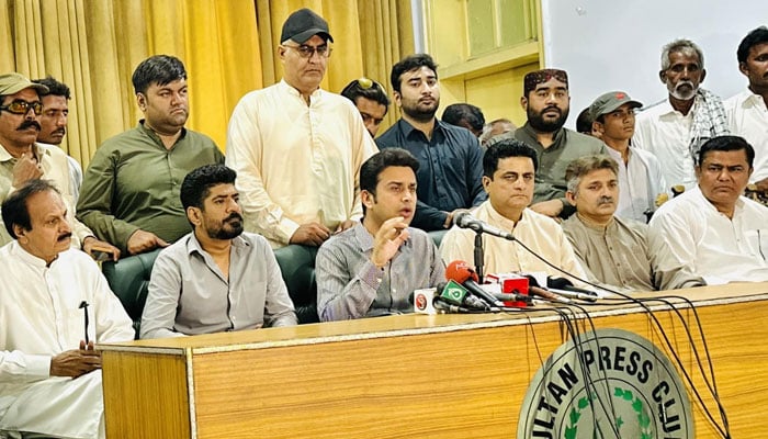 Pakistan Tehreek-e-Insaf’s District President Saqib Mehmood Mahay speaks during a press conference on June 24, 2024. — Facebook/Malik Saqib Mehmood Mahay