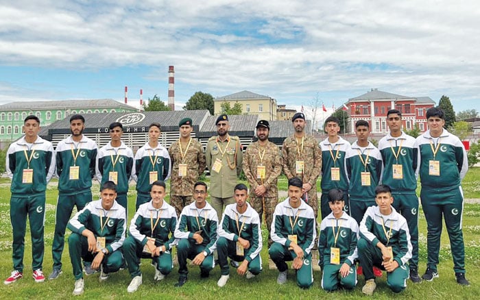 Group photo of the Pakistani sports contingent comprising cadets from three military colleges taking part in sports event in Russian city of Tula. — The News File