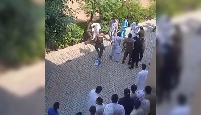 This screengrab taken on June 25, 2024, shows factions clashing violently at the Session Court of Sarai Alamgir. — Facebook/PTI Tiger Force