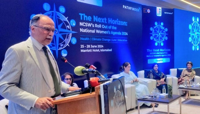 Federal Minister for Planning, Development, and Special Initiatives, Ahsan Iqbal speaks at the conference titled ‘The Next Horizon’ on June 25, 2024. — X/@NilofarBkhtiar