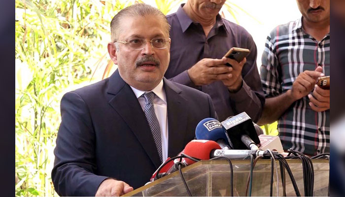 Sindh Minister for Information, Transport and Mass Transit, Excise Taxation and Narcotics Control, Sharjeel Inam Memon talks to media persons, at Sindh Assembly in Karachi on June 25, 2024. — PPI