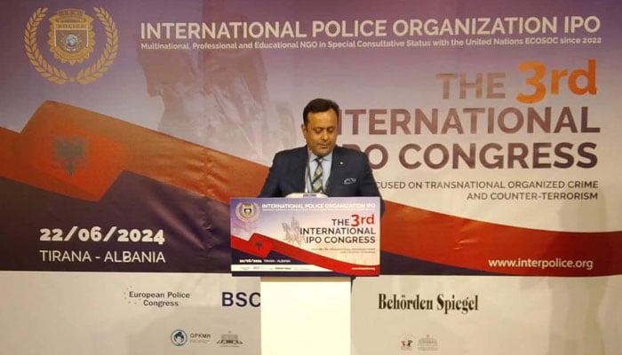 IPO DIG Dr Maqsood Ahmed speaks during the 3rd International IPO Congress in Tirana, Albania on June 23, 2024. — Facebook/Dr. Maqsood Ahmed