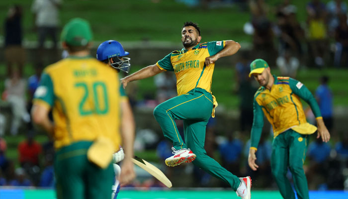 South Africas Tabraiz Shamsi celebrates with teammates the wicket of Afghanistans Naveen-ul-Haq in the T20 World Cup Semi Final at the Brian Lara Stadium, Tarouba, Trinidad and Tobago on June 26, 2024 — Reuters