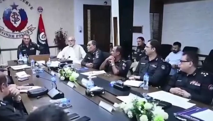 Sindh police chief Ghulam Nabi Memon chairs a review meeting at the CPO Karachi regarding the installation of cameras at selected places under the S-4 and Safe City Project on June 27, 2024. — Screengrab via Facebook/Sindh Police