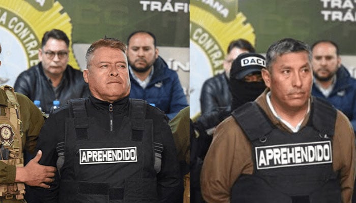 This combination photo shows Bolivian General Juan Jose Zuniga and head of the Bolivian navy Juan Arnez Salvador being presented following their arrest by the authorities for a coup attempt in La Paz, Bolivia June 26, 2024. — Reuters
