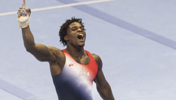 Fred Richard reacts after his floor exercise at the US Olympic gymnastics trials. — AFP/file