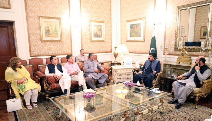 Governor Sardar Saleem Haider in a meeting with delegation of the Punjab Assembly members, headed by Parliamentary Leader of the Pakistan Peoples Party, Punjab Assembly, Syed Ali Haider Gillani at the Governors House on June 28, 2024.   — Facebook/sardarsaleemhaidergroup