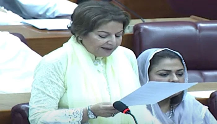 PML-N lawmaker Shaista Pervaiz Malik tables a resolution in the National Assembly against US House of Representatives’ resolution seeking Pakistan election probe, on June 28, 2024. — Screengrab via Geo News