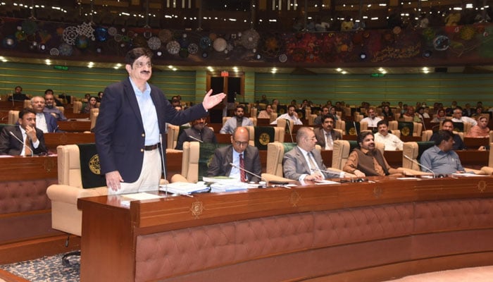 Chief Minister Syed Murad Ali Shah concludes the debate on the budget for 2024-25 on the floor of the assembly on June 27, 2024. — Facebook/SindhCMHouse