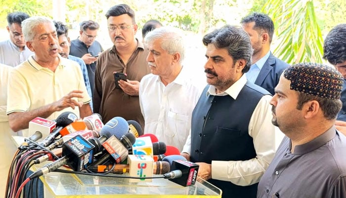 Sindh Energy Minister Syed Nasir Hussain Shah talking to the media in the Sindh Assembly on June 28, 2024. — Facebook/SNasirHussainshah
