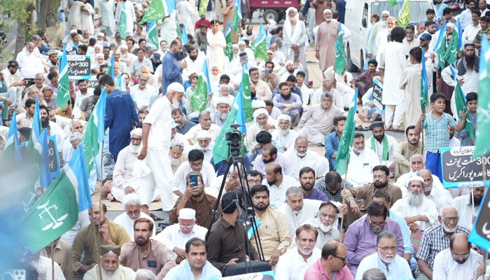 The Jamaat-i-Islami holds a protest rally in Lahore  against the high cost of electricity and prolonged load shedding on June 28, 2024. — Facebook/JIPOfficial1