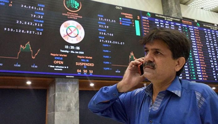A trader is busy on call at the Pakistan Stock Exchange (PSX) building in Karachi. — PPI/Files