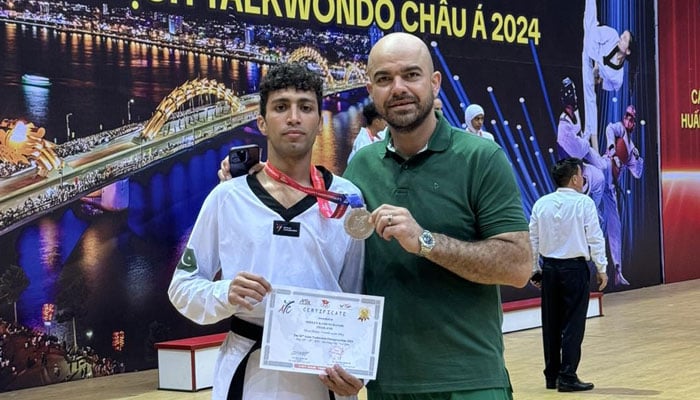 Shahzaib Khan won a silver medal at the 2024 Asian Taekwondo Championship (G4) held in Da Nang City, Vietnam on May 16, 2024.  — Facebook/PakistanTKD