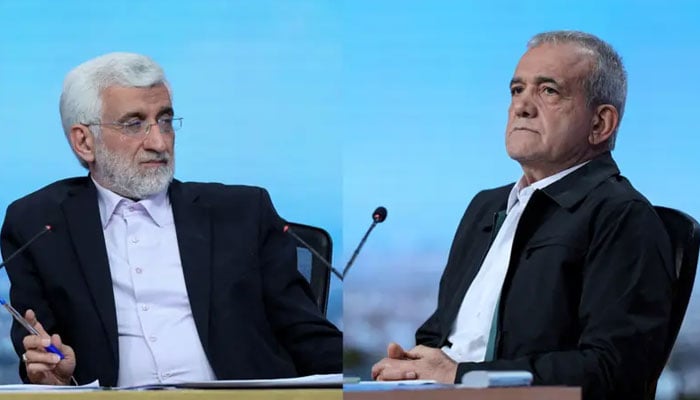 This combination image shows Iranian presidential candidates Saeed Jalili (L) and Masoud Pezeshkian (R) at an election debate at a television studio in Tehran, Iran, June 25, 2024. — Reuters/File