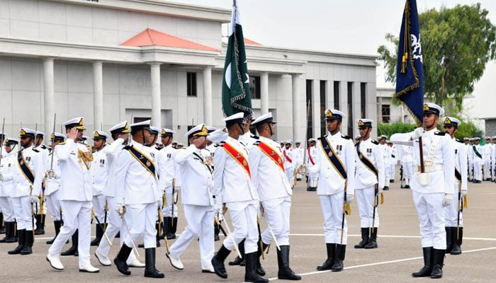 The passing-out parade of the 121st Midshipmen and 29th Short Service Commission Course being held in Karachi on June 29, 2024. — Facebook/Director General Public Relations - Navy