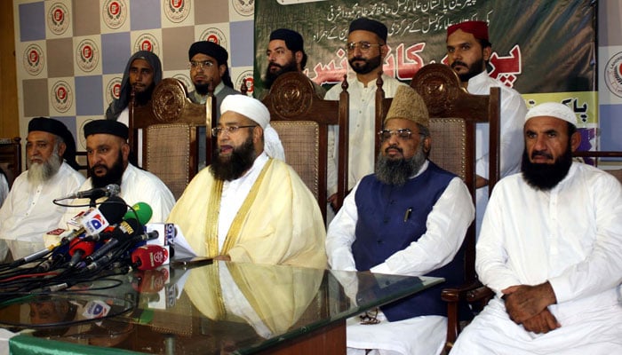 Pakistan Ulema Council (PUC) Chairman, Hafiz Tahir Mehmood Ashrafi addresses media persons during a press conference, at the Lahore press club on June 30, 2024. — PPI