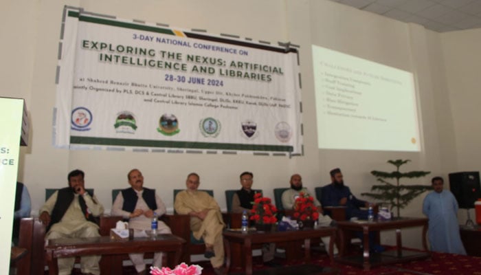 The image released on June 28, 2024 shows a three Days National Conference Exploring the Nexus: Artificial Intelligence and Libraries in progress, organised by the Department of Computer Science at Central Library, Shaheed Benazir Bhutto University, Sheringal. — Facebook/fb.sbbu.edu.pk