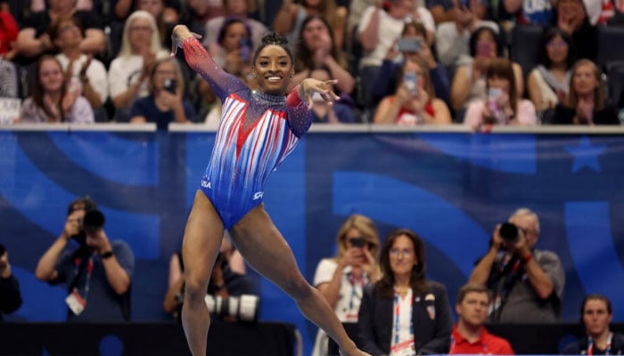 Simone Biles competes in floor exercise at the US Olympic gymnastics trials. — AFP/file