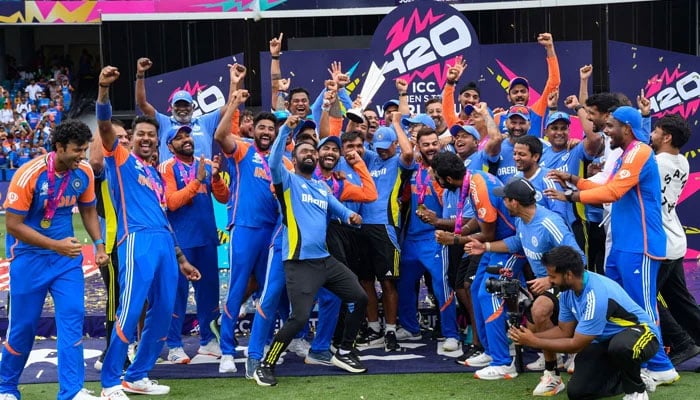 Team India celebrates after winning the ICC men´s Twenty20 World Cup 2024 final cricket match between India and South Africa at Kensington Oval in Bridgetown, Barbados, on June 29, 2024. — AFP
