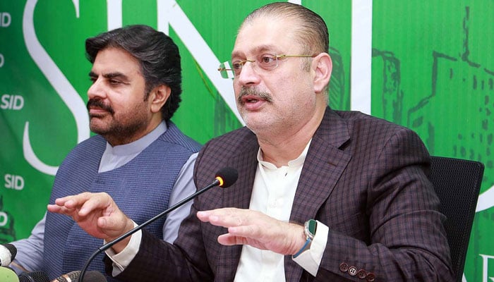 Sindh Minister for Information, Transport and Mass Transit, Excise Taxation and Narcotics Control, Sharjeel Inam Memon addresses to media persons during press conference, in Karachi on Monday, July 1, 2024. Sindh Energy Minister, Nasir Hussain Shah is also present. — APP