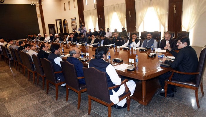 Sindh Chief Minister Syed Murad Ali Shah chairs a meeting at the CM House to review Muharram’s arrangements, on Jul 1, 2024. — Instagram/sindhcmhouse