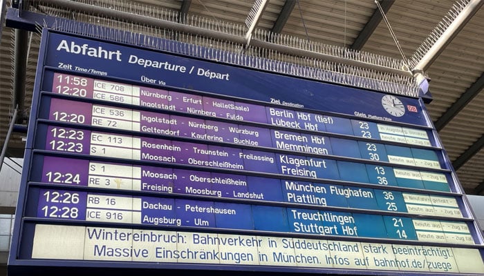 A display board at Munich’s main station informing passengers: ‘Onset of winter: rail transport in southern Germany severely affected - massive restrictions in Munich.’ — Reuters