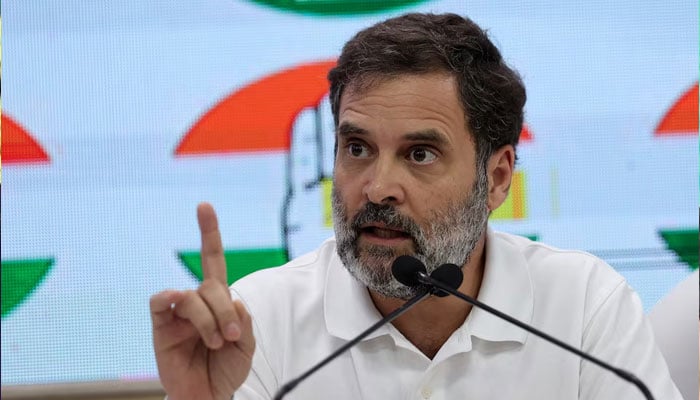 Congress leader and Indias Leader of Opposition Rahul Gandhi gestures as he addresses the media at Congress headquarters in New Delhi, India, October 9, 2023. — Reuters