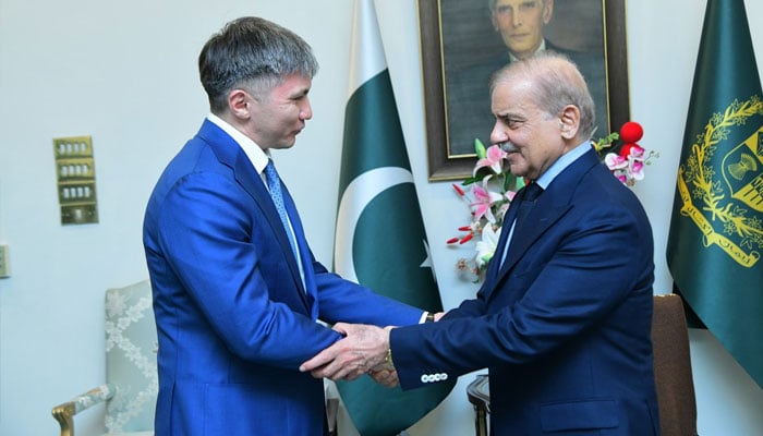 Ambassador of Kazakhstan to Pakistan, Yerzhan Kistafin, shakes hands with Prime Minister Shehbaz Sharif in Islamabad on July 1, 2024. — PMO