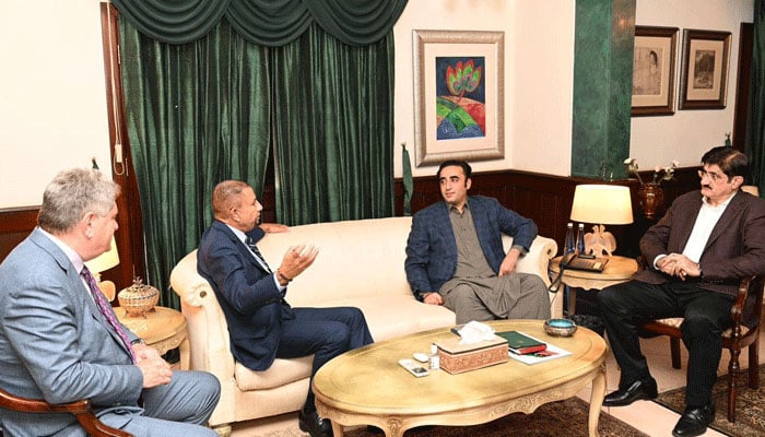 Chairman PPP Bilawal Bhutto Zardari (R to L) exchange views with  New York State Assembly Deputy Speaker Philip Ramos (L to R) on July 2, 2024. — Facebook/Pakistan Peoples Party - PPP