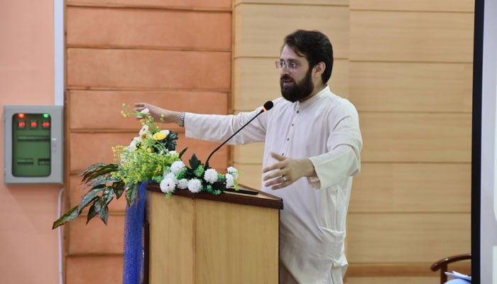 Human Rights lawyer Syed Muaz Shah speaks during an event on July 2, 2024. — Facebook/Syed M Shah