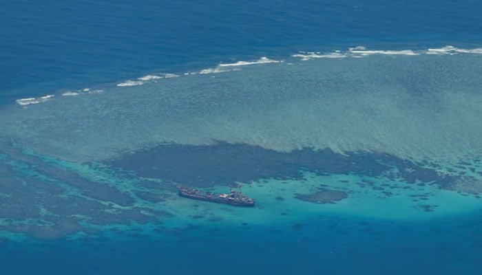 An aerial view shows the BRP Sierra Madre on the contested Second Thomas Shoal, locally known as Ayungin, in the South China Sea on March 9, 2023. — Reuters