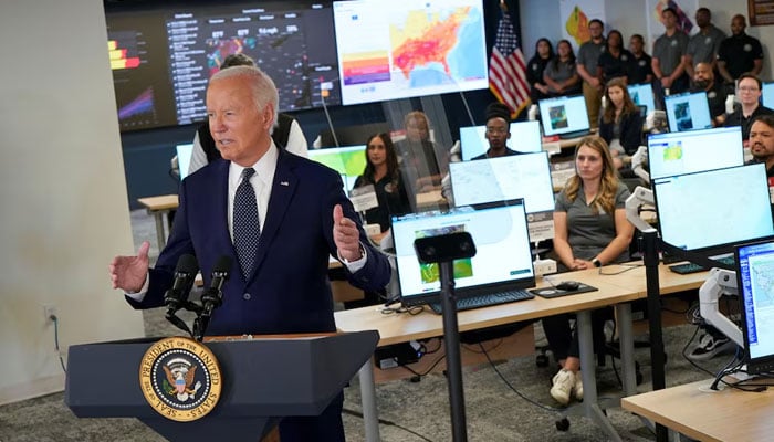 US President Joe Biden delivers remarks on extreme weather at the D.C. Emergency Operations Center in Washington, US, on July 2, 2024. — Reuters