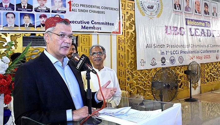 Patron-in-Chief of the United Business Group SM Tanveer addresses an event at a local hotel.— APP/File