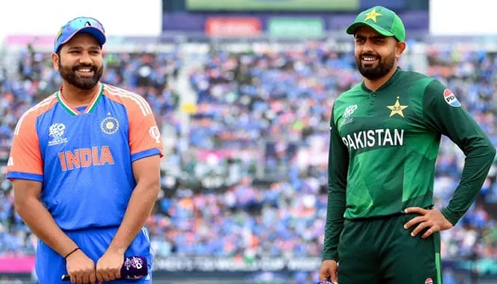 Indias captain Rohit Sharma and Pakistans captain Babar Azam at the toss for their Group A match in the ICC T20 World Cup 2024.— X@TherealPCB/file