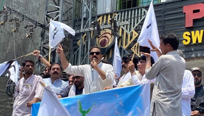 Provincial Minister for Forests and Environment Fazal Hakeem Khan Yousafzai addresses a peace march and a rally organised at Nishat Chowk on July 3, 2024. — Facebook/Fazal Hakeem