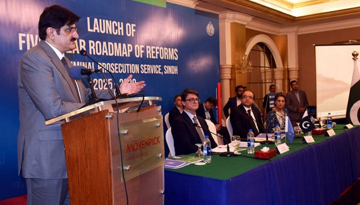 Sindh Chief Minister Syed Murad Ali Shah speaks at the launch of the Sindh Prosecution Roadmap 2025-2030 at a local hotel on July 3, 2024. — Facebook/Sindh Chief Minister House