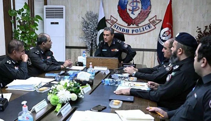Sindh Police Inspector General (IG), Ghulam Nabi Memon presides over a high-level meeting, at CPO Headquarters in Karachi on June 6, 2024. — PPI